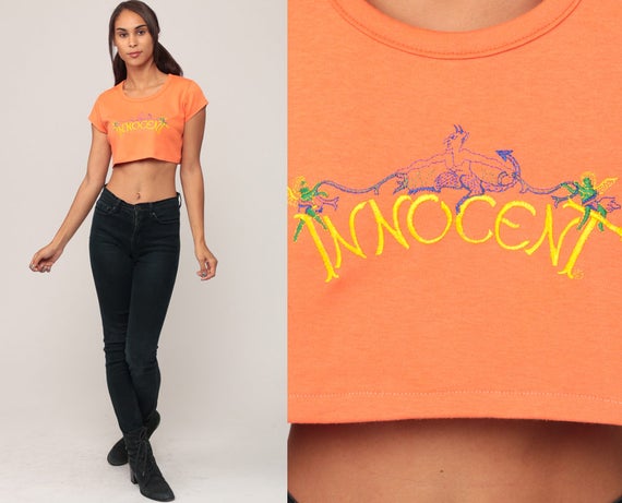 Innocent Shirt 70s Crop Top ANGEL & DEVIL Slogan T Shirt Orange Graphic Print 1970s Hipster Retro Tee Vintage Small Medium