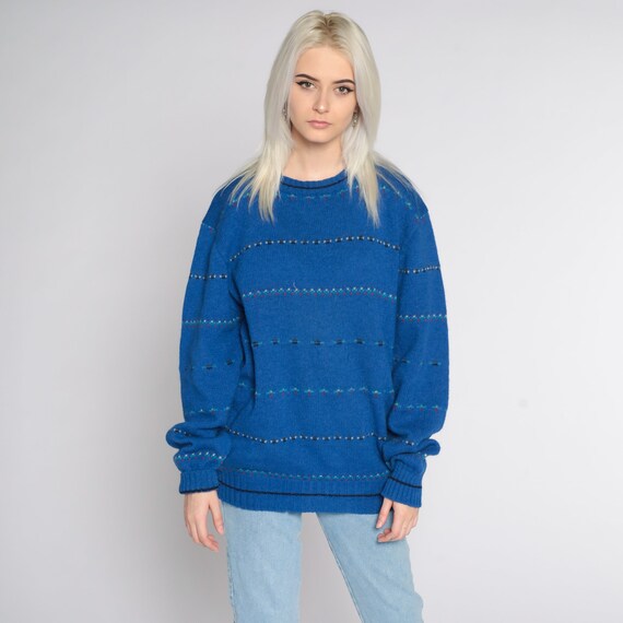 Blue Striped Sweater 80s Sweater Wool Knit Sweater Blue Stripes Slouchy Pullover Crewneck Sweater Vintage Gant Men's Large