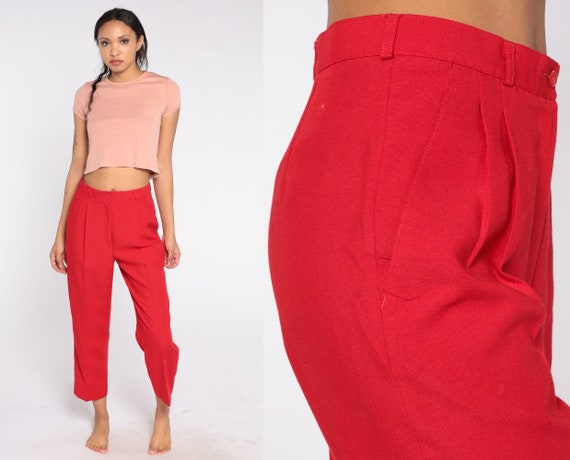 70s Red Trousers Straight Leg Pants Retro High Waisted Rise Pants Boho Hippie Basic Plain Creased Trousers Seventies Vintage 1970s Medium 29