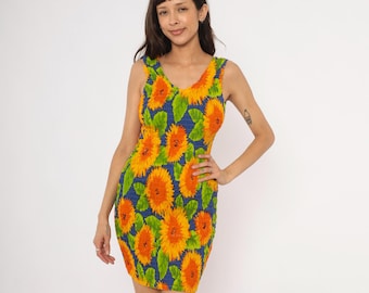 Vestido corto girasol estilo años 90, estampado floral, sin mangas, fruncido, amarillo, naranja, azul cobalto, verde, ajustado, verano, playa, vacaciones, primavera, colorido, mujer, talla M