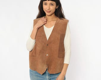 Jaren 80 leren vest bruin suède shearling gevoerd drukknoop voorkant gilet vintage western biker hippie festival tan zakken bovenkleding grote L