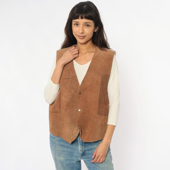 80s Leather Vest Brown Suede Shearling Lined Snap Button Front Waistcoat Vintage Western Biker Hippie Festival Tan Pockets Outerwear Large L