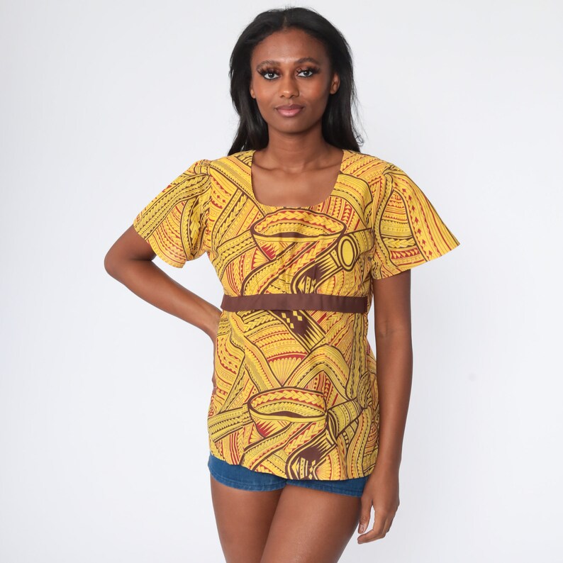 African Babydoll Top 70s Hippie Shirt Puff Sleeve Boho Yellow Top Bohemian Tribal Empire Waist Shirt Vintage Short Sleeve Medium image 2