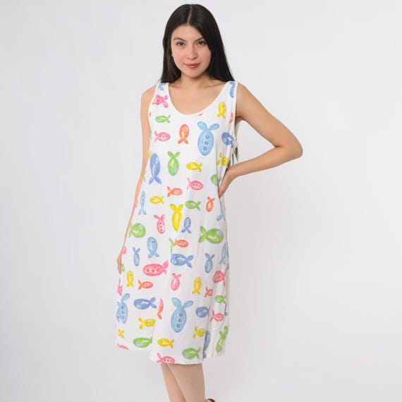Fish Print Dress Y2K White Multicolor Cartoon Fish Pattern V-Neck Midi Summer Beach Cute Kawaii Vacation Playful Fresh Produce Large L XL