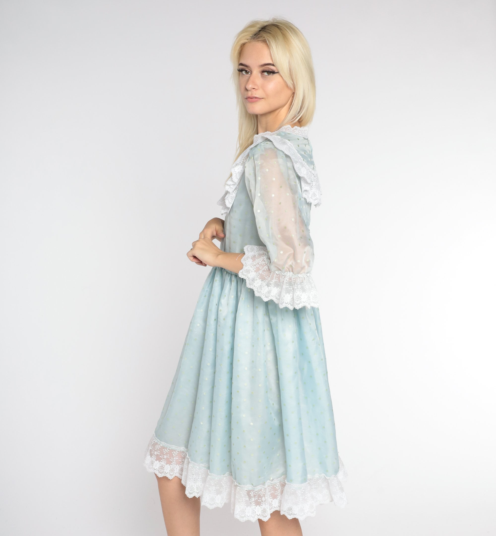 70s Party Dress Baby Blue Mini Dress Sheer Puff Sleeve Lace Ruffle