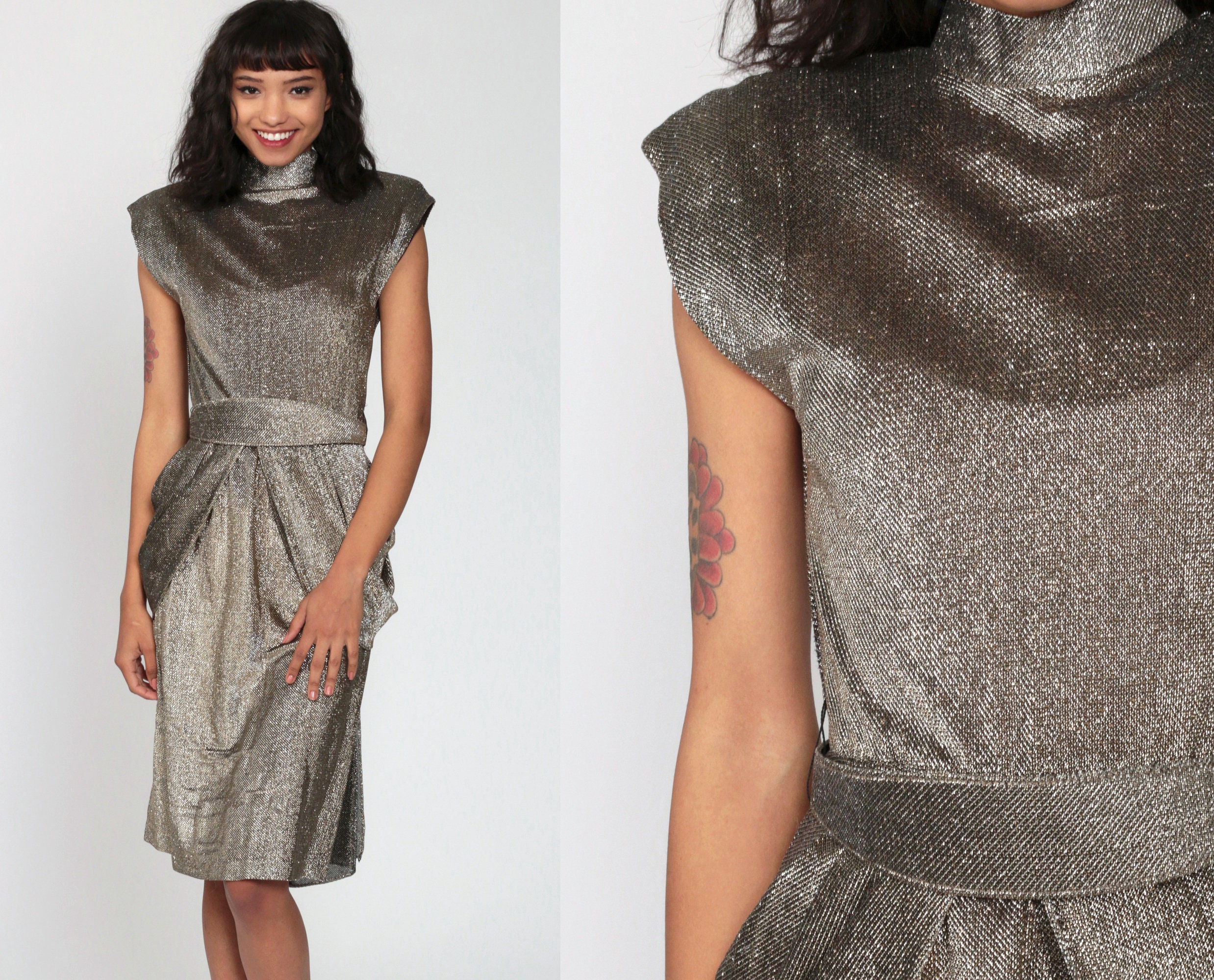 80s Peplum Dress Metallic Party Dress Silver Gold Pencil Cocktail WIGGLE 1980s Midi Dress 