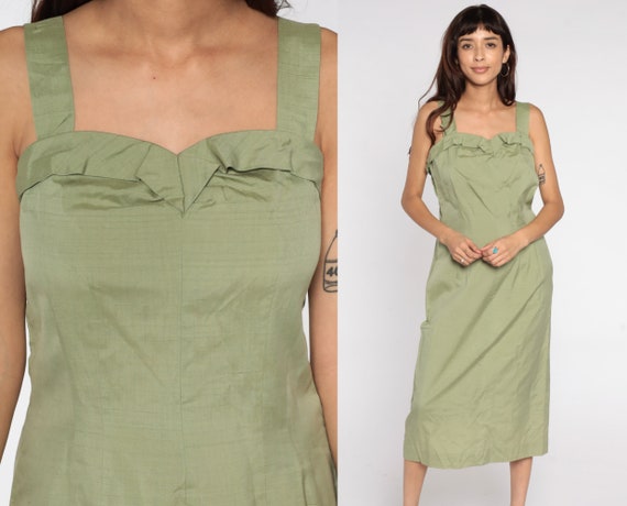 1950s Wiggle Dress Avocado Green Sun Dress Sheath… - image 1
