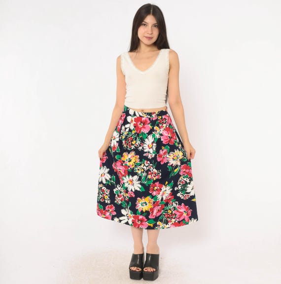 80s Floral Midi Skirt Navy A Line Cotton Pink Red Green Painterly Daisy Flower Print High Waist Full Sweep Garden Party Vintage Small S