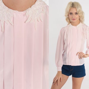 Pink Pleated Blouse 80s Long Puff Sleeve Secretary Top Pastel Lace Collar Collared Shirt Retro Secretary Button Up Vintage 1980s Small 6 image 1