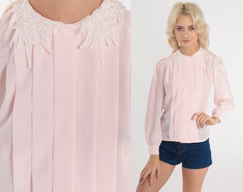 Pink Pleated Blouse 80s Long Puff Sleeve Secretary Top Pastel Lace Collar Collared Shirt Retro Secretary Button Up Vintage 1980s Small 6