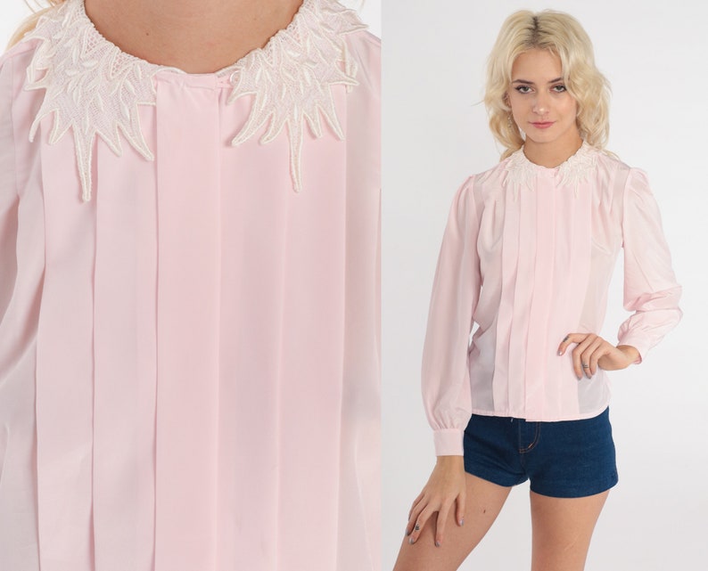 Pink Pleated Blouse 80s Long Puff Sleeve Secretary Top Pastel Lace Collar Collared Shirt Retro Secretary Button Up Vintage 1980s Small 6 image 1
