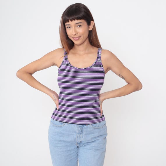 Striped Tank Top 90s Spalding Purple Black White Athletic Camisole Fitted Vintage Activewear Sports Sleeveless Workout Gym Exercise Large L