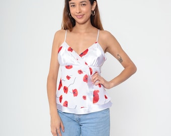 Camisola floral Y2K con estampado de amapolas rojas y tirantes finos, estilo vintage de los años 2000, top floral, top de verano, femenino, romántico, blanco, talla mediana M