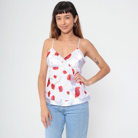Floral Cami Y2K Red Poppy Print Spaghetti Strap Top Vintage 2000s Camisole Floral Top  Summer Top  Feminine Romantic White Medium M