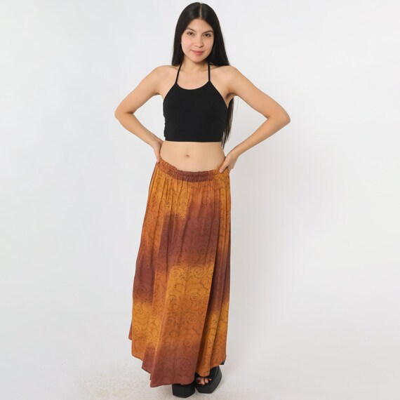 Vintage 90s Ombre Maxi Skirt Brown Orange Filigree Scroll Print Rayon Elastic Waist Boho Fall Skirt 1990s Abstract Floral Medium Large