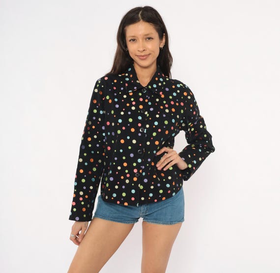 Rainbow Polka Dot Jacket 2000s Black Cotton Button Front Cropped Colorful Confetti Long Sleeve Blouse Multicolor Spotted Top Extra Large XL