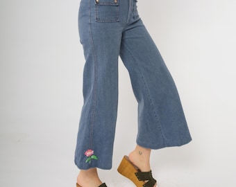 Bell Bottom Jeans 70s Vintage Carol Evans Embroidered Flare High Waisted Cotton Denim Pants Hippie Rose Embroidery Extra Small xs 0 24