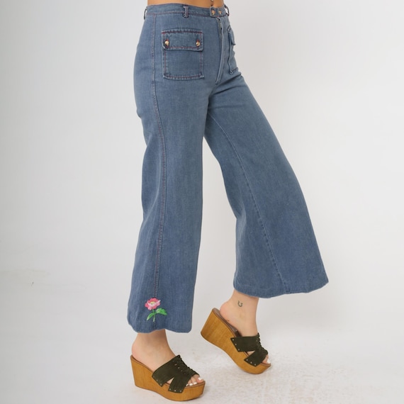 Bell Bottom Jeans 70s Vintage Carol Evans Embroidered Flare High Waisted Cotton Denim Pants Hippie Rose Embroidery Extra Small xs 0 24