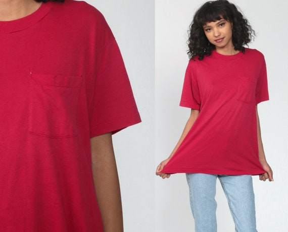 Single Stitch T Shirt 80s Deep Pink Plain TShirt Paper Thin Pocket Tshirt Retro Tee Basic Simple Pocket Tee Tshirt Medium Large