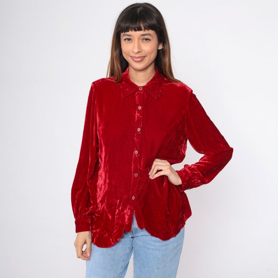 Red Velvet Blouse 90s Button Up Shirt Long Sleeve… - image 2