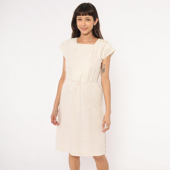 Square Neck Dress Cap Sleeve Knee Length Button Shoulder Oatmeal Beige Cream Minimal 90s Vintage Summer Sheath Frock Small S