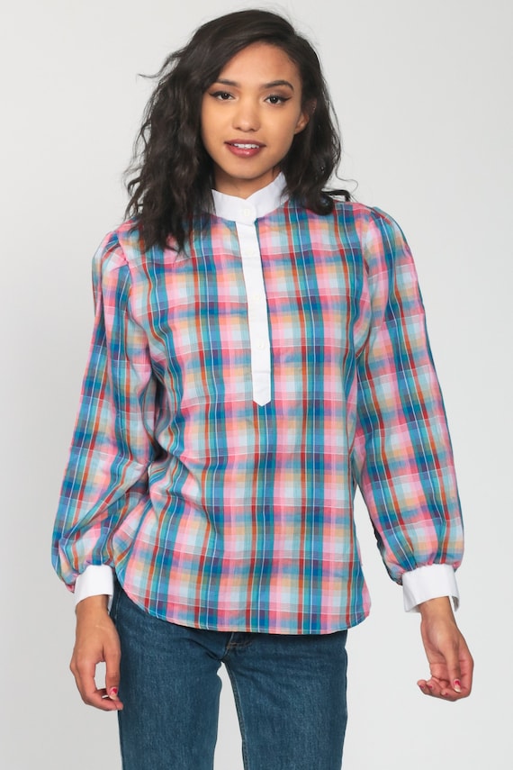 Plaid Blouse 80s Button Up Shirt Checkered Print Long Sleeve Blouse Western 1980s Top Vintage Pink Blue Shirt Medium Large