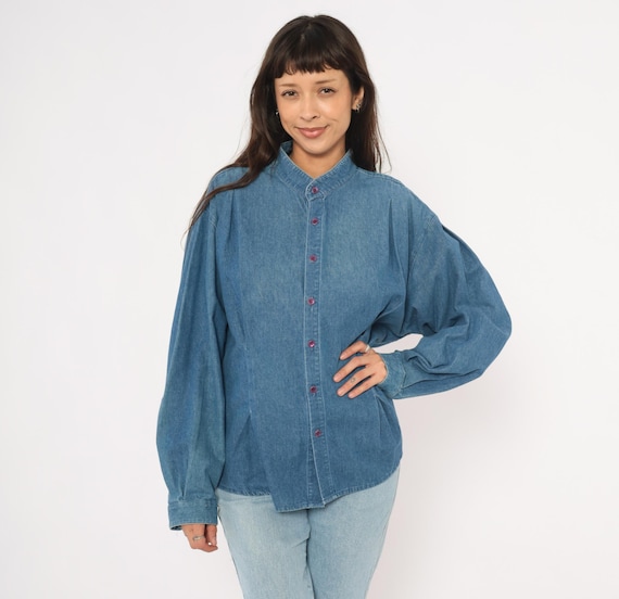 90s Denim Shirt Button Front Band Neck Cotton Blouse Relaxed Fit Blue Chambray Top Long Sleeve Pleated Hem Vintage Collarless Jean Large L