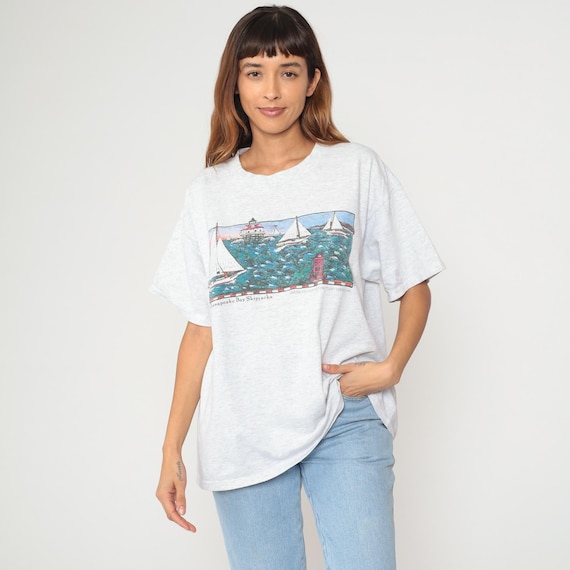Chesapeake Bay Tee Lighthouse Sailboat Skipjacks 90s T Shirt Nautical Maritime Americas Last Working Fleet Vintage Maryland Extra Large XL