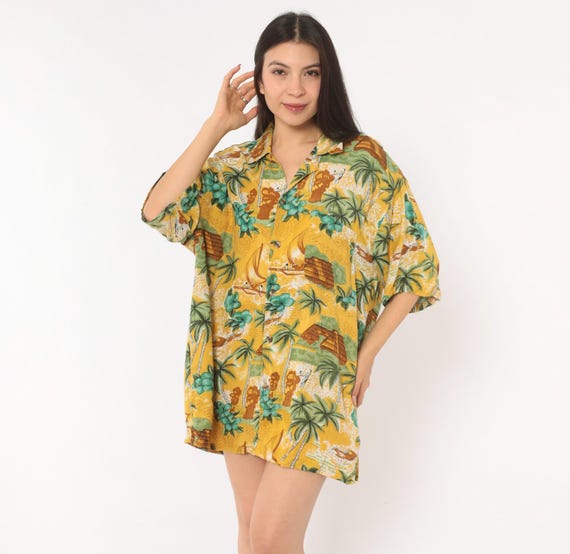 Hawaiian Tropical Shirt 2000s Yellow Palm Tree Camp Collar Short Sleeve Green Island Scenic Sailboat Floral Beach Vacation Summer Large L