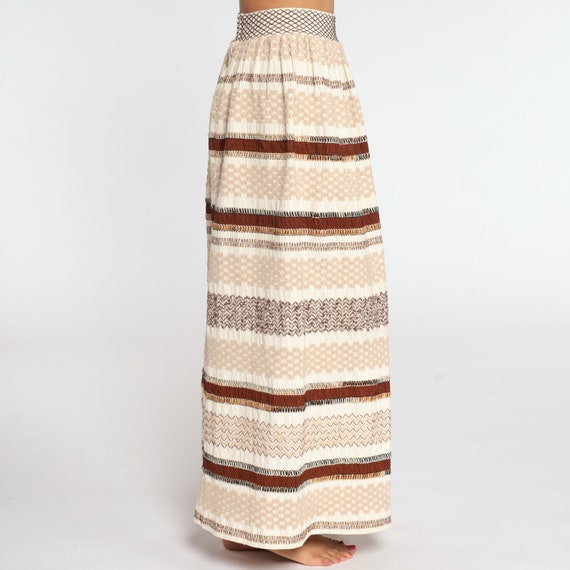 Embroidered Skirt 70s Maxi Skirt Cream Brown Stri… - image 5