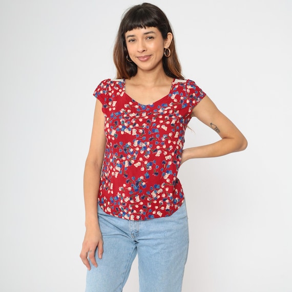 Vintage Y2K Red Floral Blouse Lace Shoulder Trim Short Puff Sleeve Scoop Neck Soft Lightweight Top 2000s Bohemian Romantic Extra Small xs