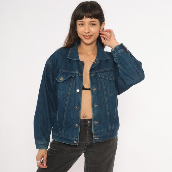 80s Lined Denim Jacket Blue Jean Button Front Relaxed Fit Trucker Coat Cotton Indigo Western Yoke Dark Wash Vintage Unisex Small S