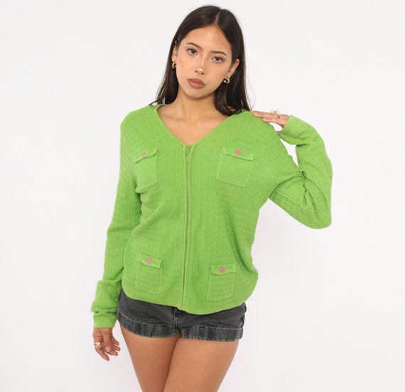 90s Lime Green Cardigan Chevron Knit Zip Front V Neck Sweater Pink Button Pocket Wave Stitch Sag Harbor Spring Top Bright Vintage Medium M
