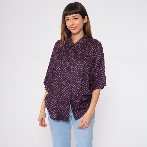 Purple Floral Blouse 90s Button up Shirt Ditsy Flower Print Top Short Sleeve Collared Boho Grunge Summer Retro Vintage 1990s Extra Large xl
