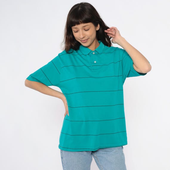 Turquoise Striped Polo Shirt 80s Cotton Black Lines Short Sleeve Collared Button Front Relaxed Fit Preppy Casual Golf Tennis Vintage Large L