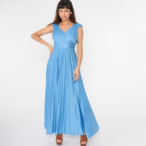 70s Party Gown Blue Long Maxi Dress Grecian Goddess Disco Wrap V Neck Cocktail Pleated High Waist Vintage 1970s Cap Sleeve Ruched Small s