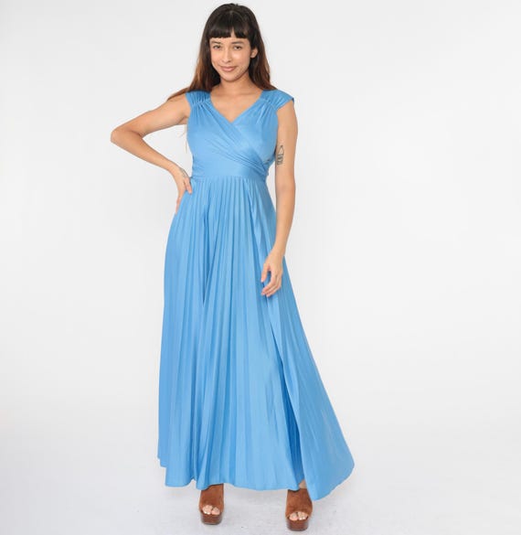 70s Party Gown Blue Long Maxi Dress Grecian Goddess Disco Wrap V Neck Cocktail Pleated High Waist Vintage 1970s Cap Sleeve Ruched Small s