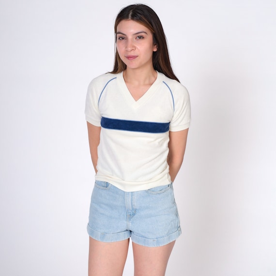 Vintage Terry Cloth Shirt Off-White Striped Retro T Shirt 80s TShirt V Neck Shirt 1980s Short Raglan Sleeve Navy Blue Extra Small xs