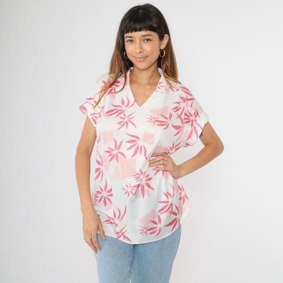Vintage White Pink Hawaiian Shirt 80s Tropical Print V Neck Collared Blouse Cuffed Short Sleeve 1980s Aimee of California Large L