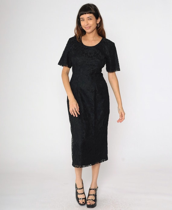 90s Black Lace Dress Party Dress Midi Pencil Dress Floral Dress Sheath Lace Up Back Short Sleeve Cocktail Simple LBD Vintage 1990s Medium 10