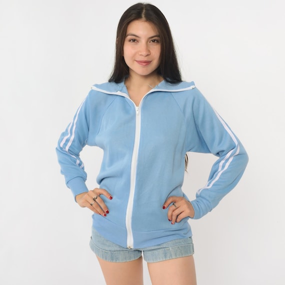 Striped Track Jacket Light Blue 80s Long Sleeve Zip Front Vintage Athletic Sweatshirt Sport Casual Soft Cozy Cool Comfy Small S