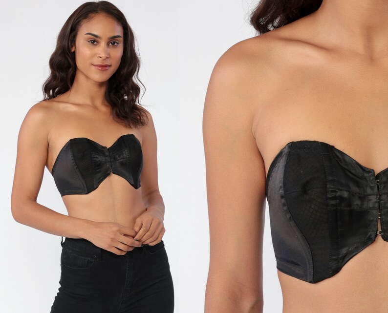 Black Strapless Bra 32B Black Lingerie 80s Bullet Bra Pinup Bra Vintage Pin Up Burlesque Outfit Costume Mesh Nylon 1990s Pinup 32 B Small