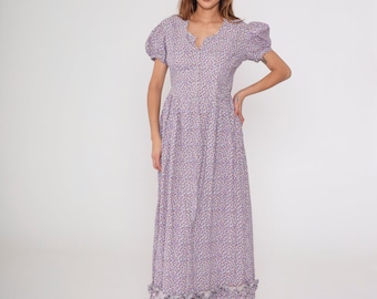 70s Floral Prairie Dress Boho Maxi Dress Purple Calico Puff Sleeve 1970s Hippie Bohemian Cottagecore Long Summer Low Waist Festival Medium