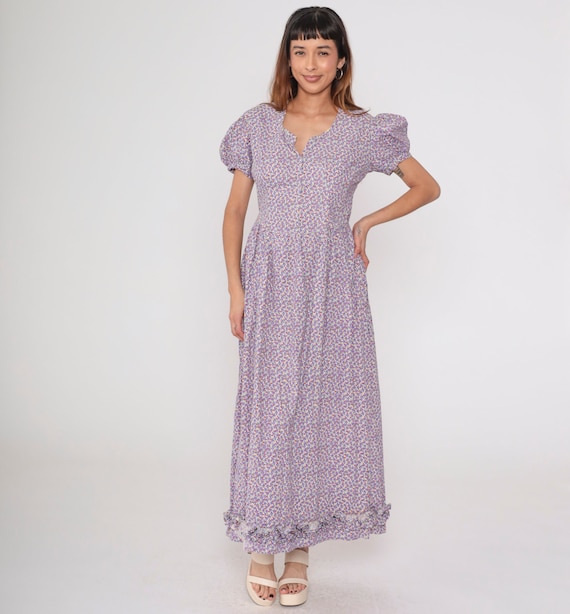 70s Floral Prairie Dress Boho Maxi Dress Purple Calico Puff Sleeve 1970s Hippie Bohemian Cottagecore Long Summer Low Waist Festival Medium