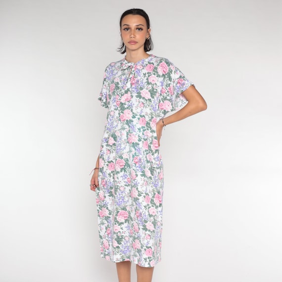 Floral Keyhole Dress 90s Necktie Midi Dress Short Sleeve White Flower Rose Print Shift Bow Neck Tie Retro Bohemian Vintage 1990s Large L