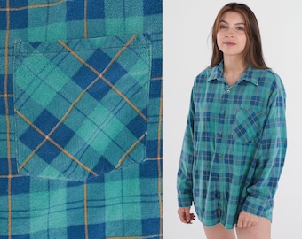 Chemise en flanelle des années 90 Bleu Vert Plaid Bouton jusqu’à Chemise À Carreaux Grunge Bûcheron Manches Longues Boyfriend Button Down vintage années 1990 Mens Large