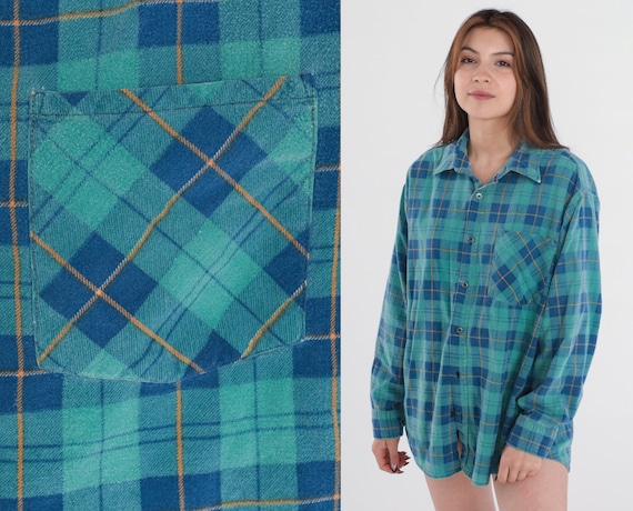 90s Flannel Shirt Blue Green Plaid Button up Shirt Checkered Grunge Lumberjack Long Sleeve Boyfriend Button Down Vintage 1990s Mens Large