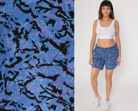 90s Abstract Print Swim Trunks Blue Purple Black Pattern Athletic Nylon Shorts Elastic Waist Lightweight Surf Beach Vacation Summer Medium