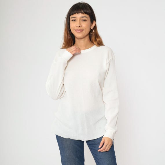 Vintage White Thermal Shirt 90s Long Sleeve Undershirt Waffle Knit Shirt Under Shirt Long Underwear Retro Tee Layer 1990s Large