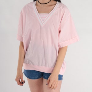 Baby Pink Shirt 80s V-Neck T-Shirt Striped Ringer Tee Short Sleeve Top Retro Basic Girly Pastel Streetwear Banded Hem Vintage 1980s Large L image 6
